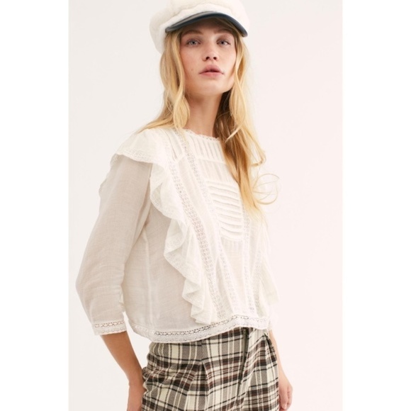 FREE People Jasmine Ruffle Lace Boho Crop Top Blouse in Ivory Size XS - Picture 4 of 16